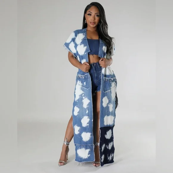 Denim acid wash maxi vest with chain detail - Picture 2 of 5